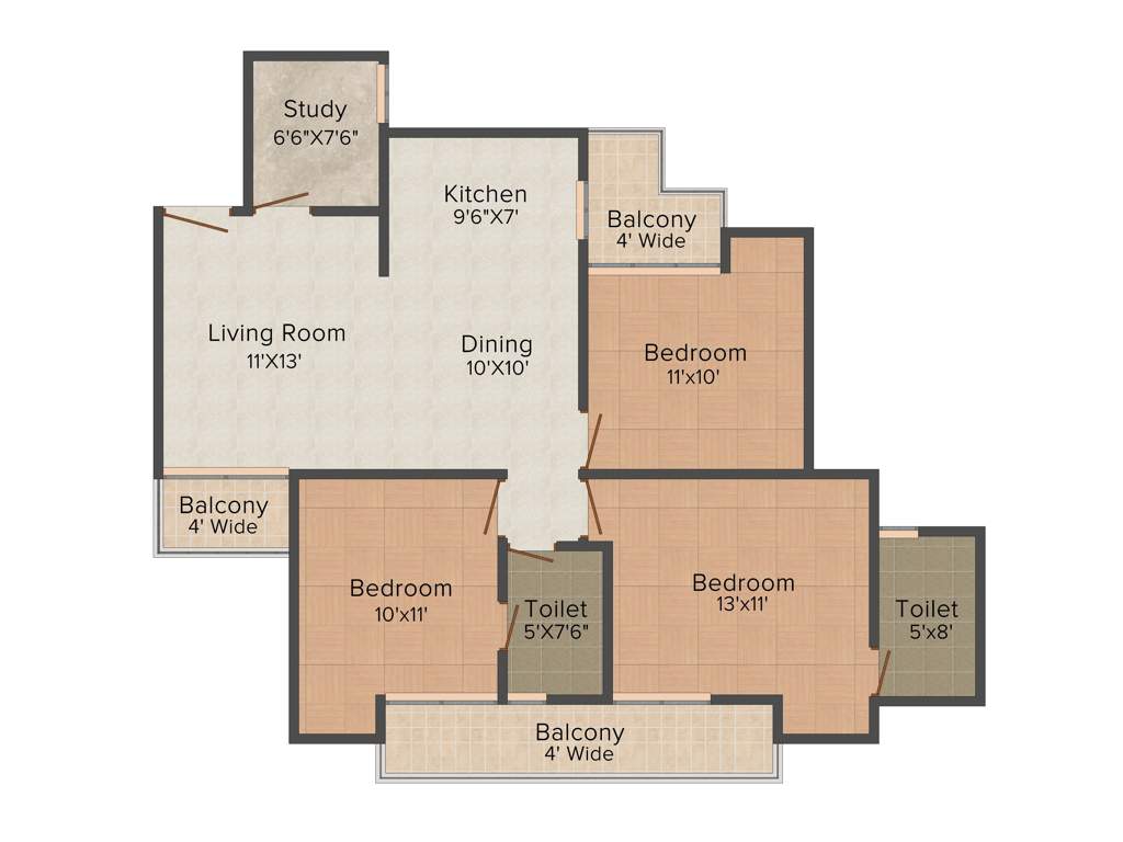 Earth Towne (3BHK+2T (1,395 sq ft) + Study Room 1395 sq ft)