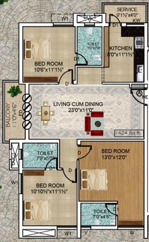 RR Urban Bloom (3BHK+3T (1,424 sq ft) 1424 sq ft)