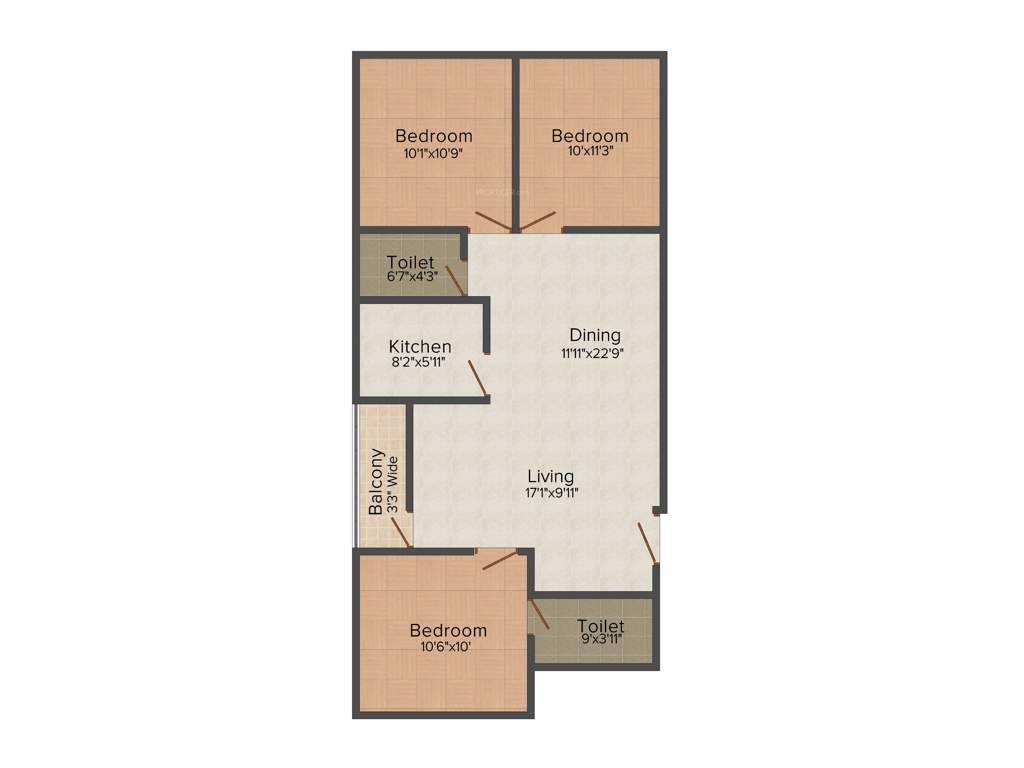 Rajwada Rosewood (3BHK+2T (1,235 sq ft) 1235 sq ft)