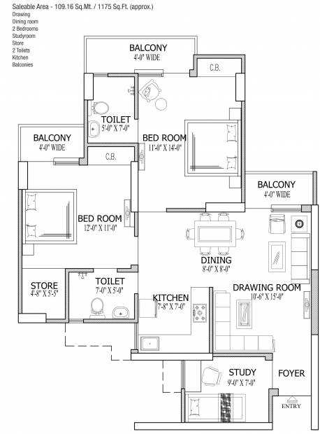 Gaursons 1st Avenue (2BHK+2T (1,175 sq ft) + Study Room 1175 sq ft)