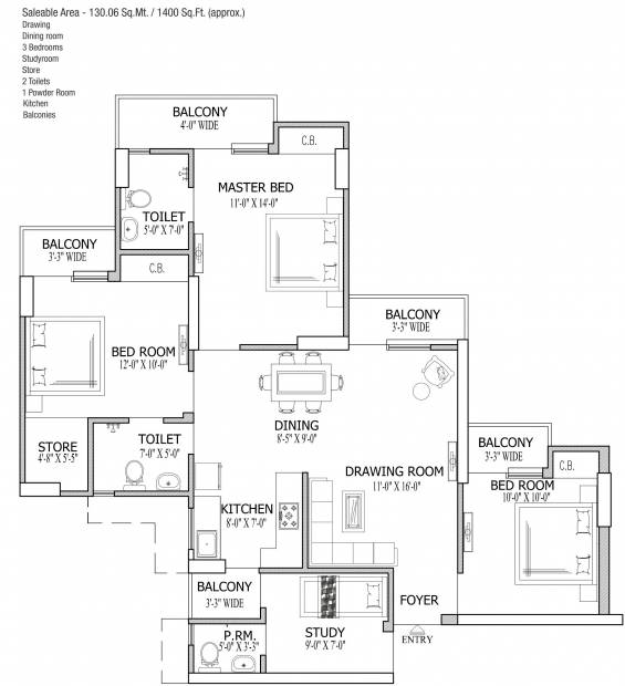 Gaursons 1st Avenue (3BHK+2T (1,400 sq ft) + Study Room 1400 sq ft)
