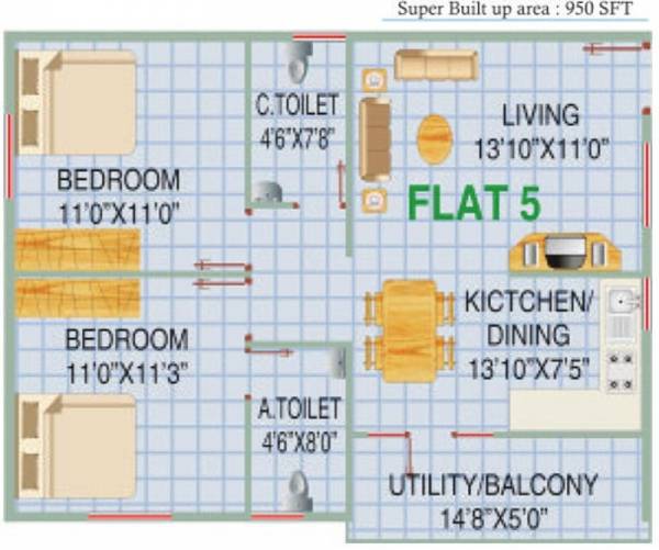 RV Shastri Residencey (2BHK+2T (950 sq ft) 950 sq ft)