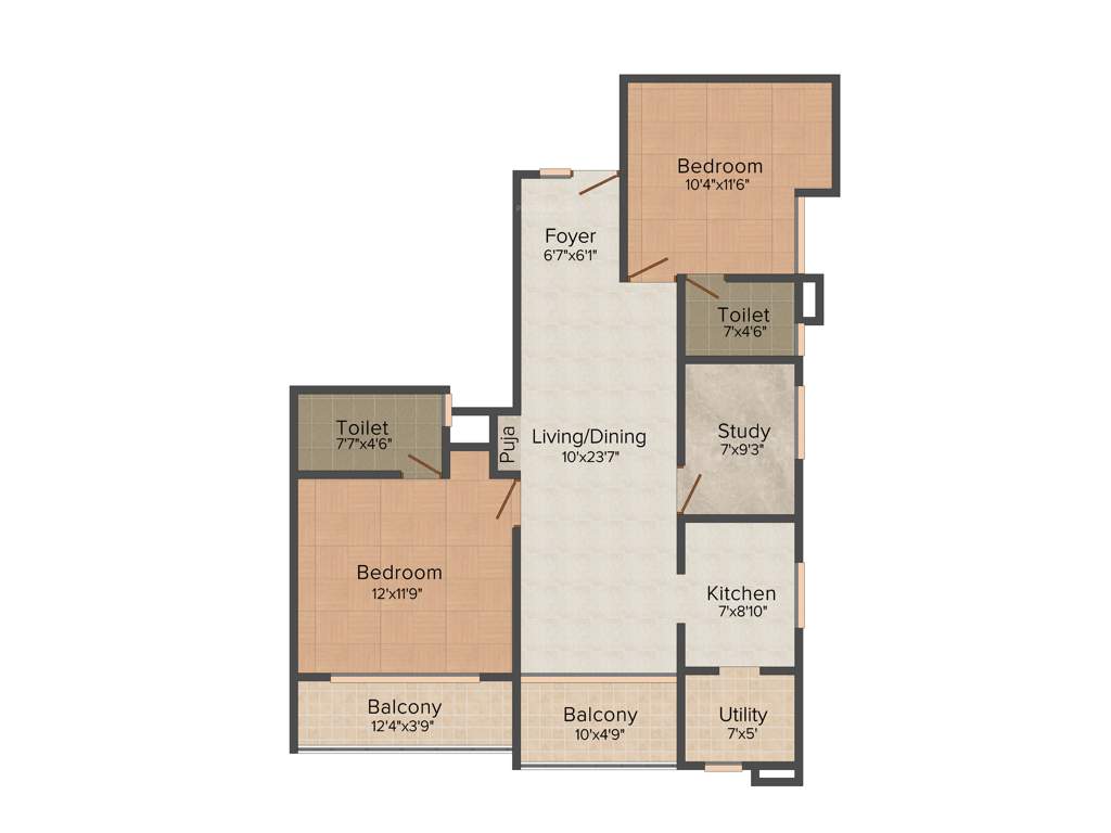 Prachodaya Ekanta (2BHK+2T (1,213 sq ft)   Study Room 1213 sq ft)