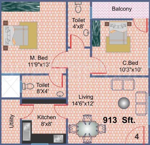 SBR Builders Sujana Apartment 1 (2BHK+2T (913 sq ft) 913 sq ft)