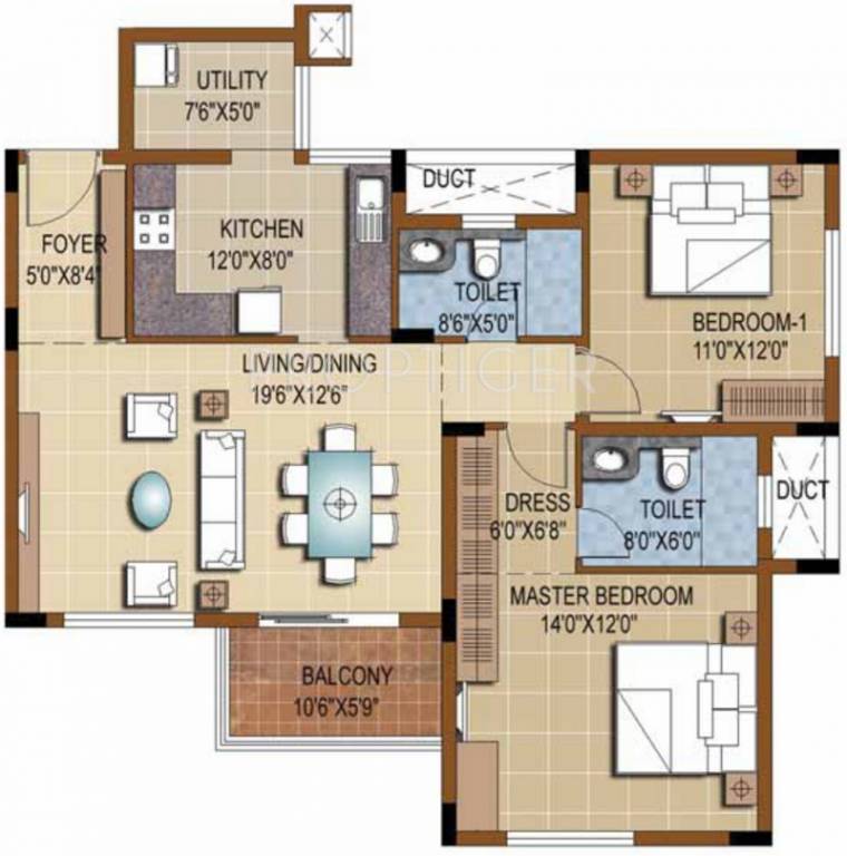 Purva Skydale (2BHK+2T (1,341 sq ft) 1341 sq ft)