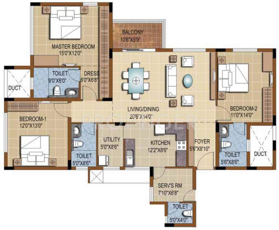 Purva Skydale (3BHK+3T (1,929 sq ft) + Servant Room 1929 sq ft)