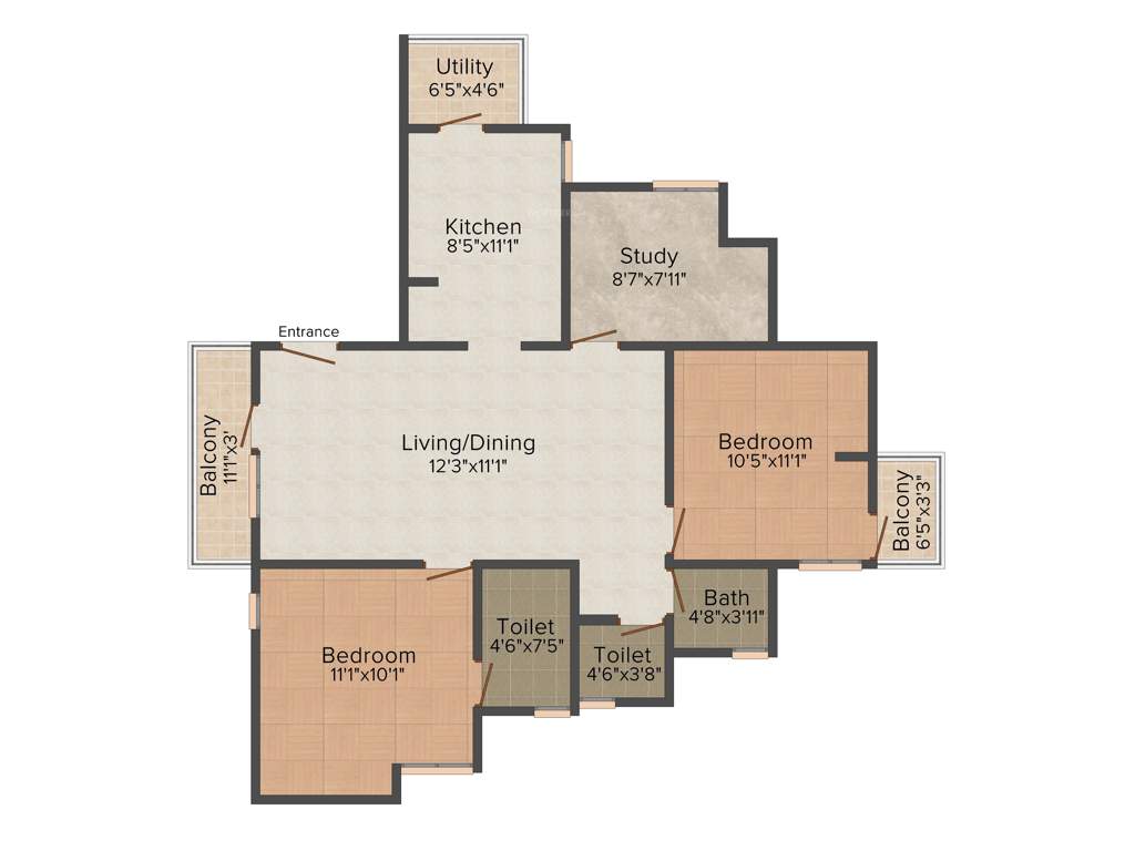 ABI Hibiscus (2BHK+2T (1,060 sq ft) + Study Room 1060 sq ft)