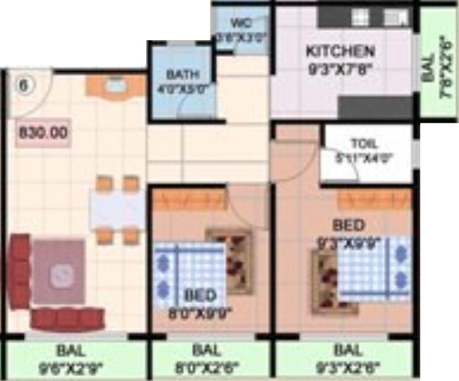 Miyas Disha Apartment (2BHK+2T (830 sq ft) 830 sq ft)