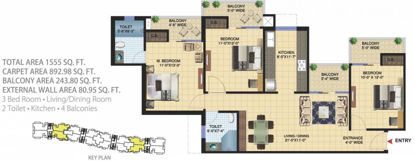 Paramount Golfforeste Premium Apartments (3BHK+2T (1,555 sq ft) 1555 sq ft)