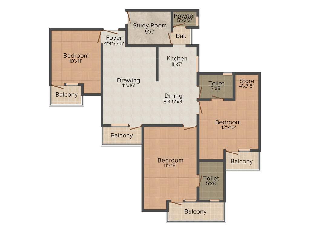 Gaursons 5th Avenue (3BHK+2T (1,470 sq ft) + Study Room 1470 sq ft)