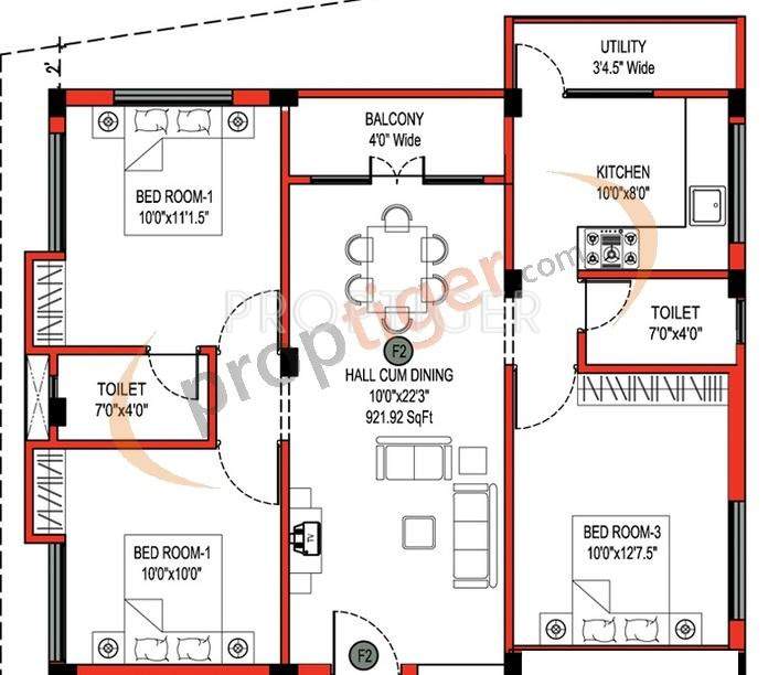 JKB Sri Ratna (3BHK+2T (922 sq ft) 922 sq ft)