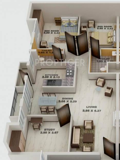 Blue Print Woodsville Apartment (3BHK+3T (1,096 sq ft) + Study Room 1096 sq ft)