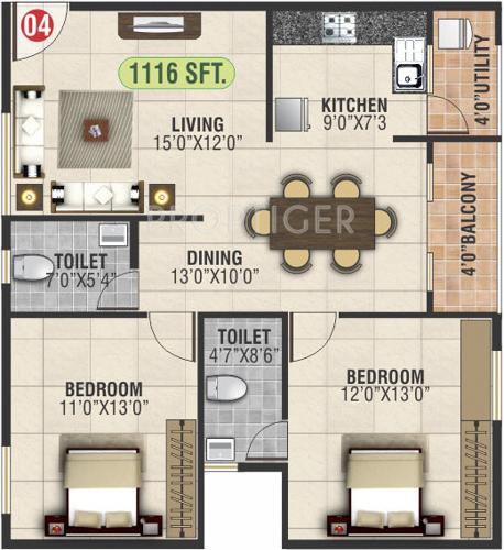 SLV Soumyasree Residency (2BHK+2T (1,116 sq ft) 1116 sq ft)