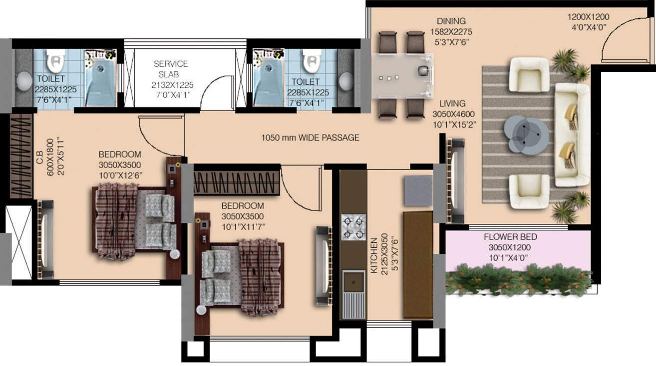 Nahar Water Lily And White Lily (2BHK+2T (1,087 sq ft) 1087 sq ft)