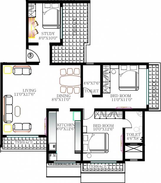 Kabra Group Rageshree (2BHK+2T (1,425 sq ft)   Study Room 1425 sq ft)