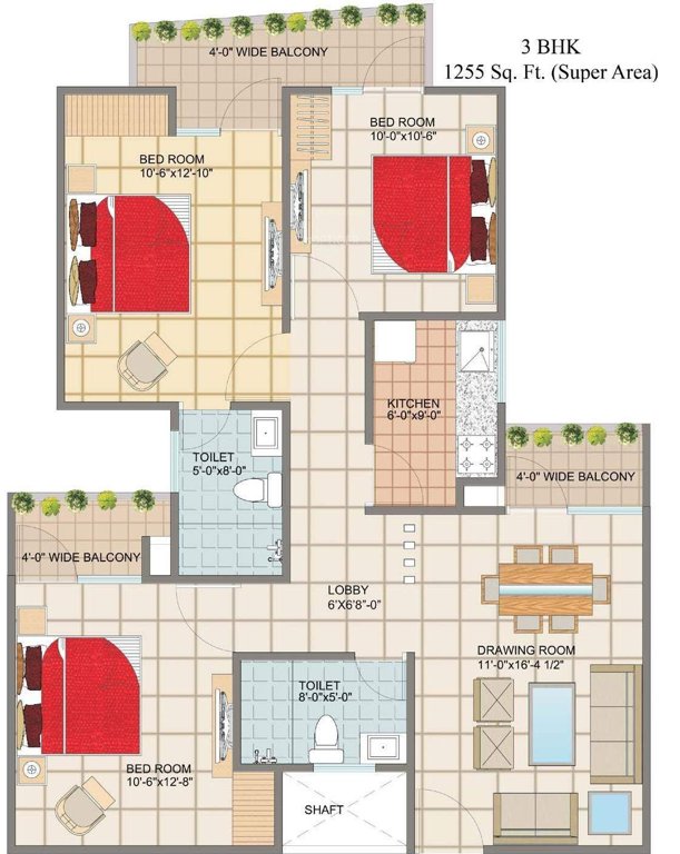 Genesis Flora (3BHK+2T (1,255 sq ft) 1255 sq ft)