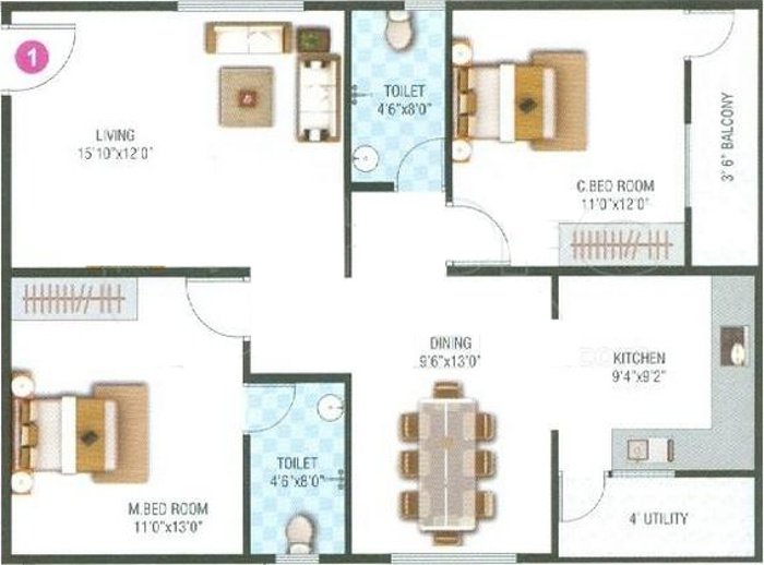 BM Glorietta (2BHK+2T (1,135 sq ft) 1135 sq ft)