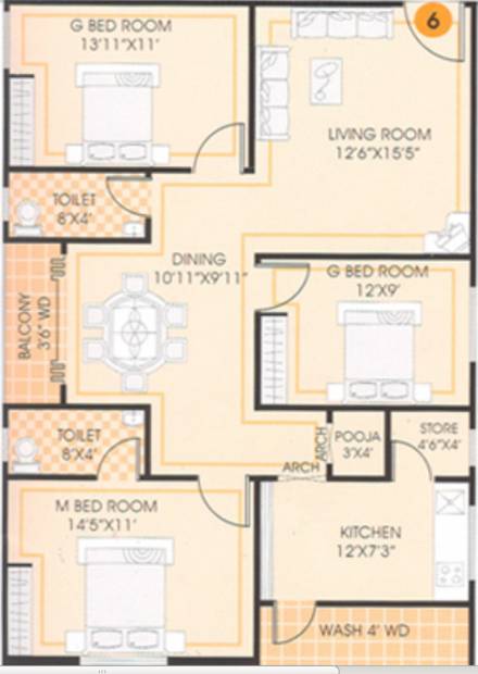 Udaya Heights Polygon (3BHK+2T (1,390 sq ft)   Pooja Room 1390 sq ft)