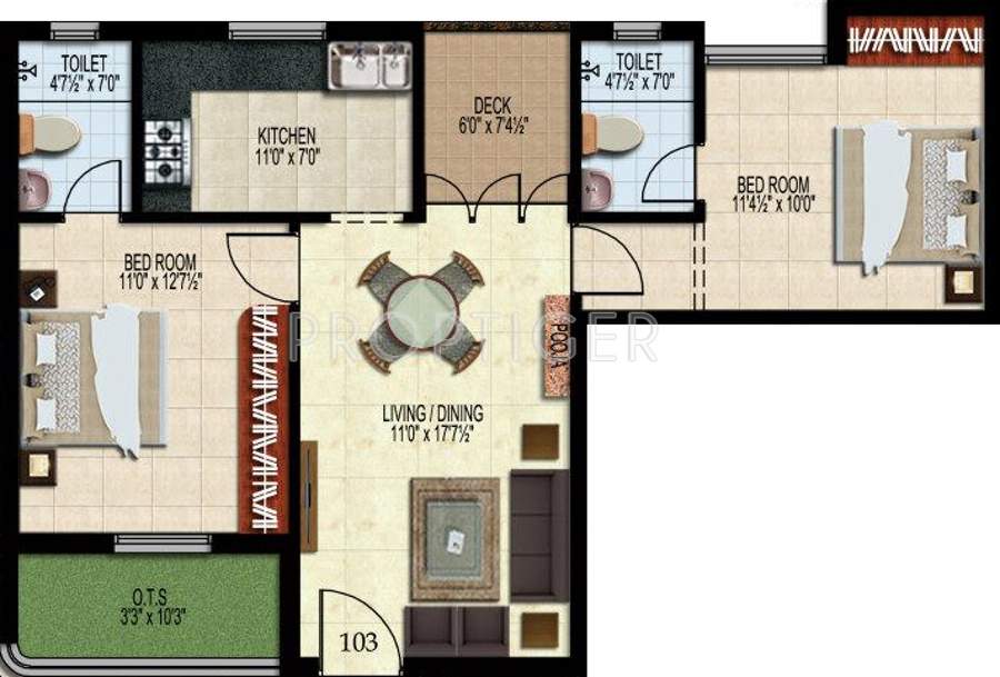 Green Leaves Estates Mulberry (2BHK+2T (966 sq ft) 966 sq ft)