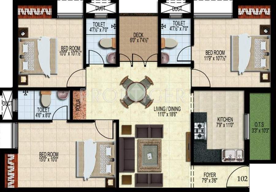 Green Leaves Estates Mulberry (3BHK+3T (1,328 sq ft)   Pooja Room 1328 sq ft)