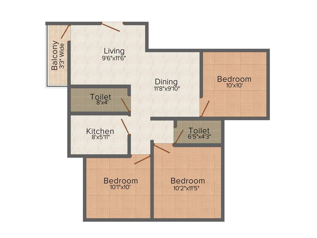 Rajwada Rosewood (3BHK+2T (1,125 sq ft) 1125 sq ft)