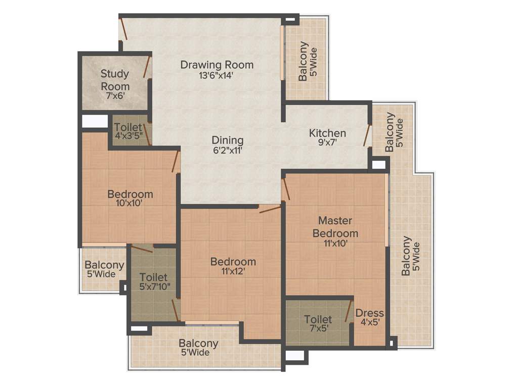 SKB Gold Coast (3BHK+3T (1,630 sq ft)   Study Room 1630 sq ft)