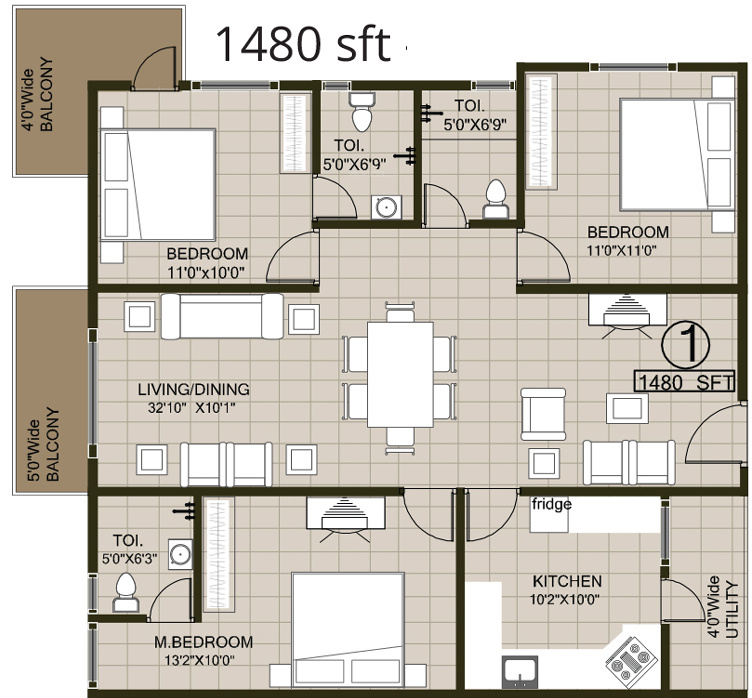 Janapriya Nile Valley (3BHK+3T (1,480 sq ft) 1480 sq ft)