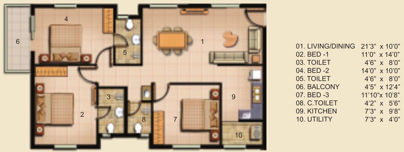 Jain Carlton Creek (3BHK+3T (1,380 sq ft) 1380 sq ft)