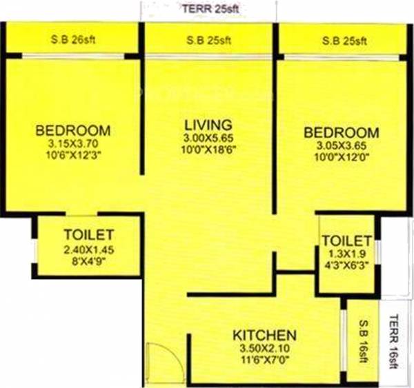 Mega Fortune Sterling Floor Plan (2BHK+2T (1,000 sq ft) 1000 sq ft)