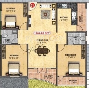 BM BM Silver Oaks (3BHK+2T (1,264 sq ft) 1264 sq ft)