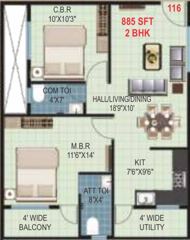 Pragathi Royale II (2BHK+2T (885 sq ft) 885 sq ft)