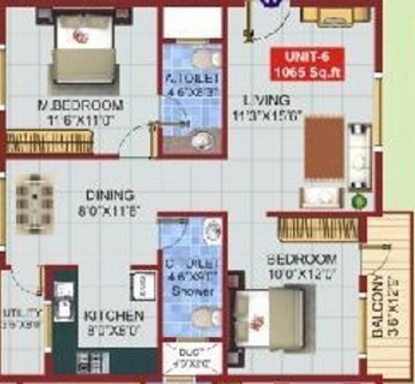 Prakruthi Shelters Prakruthi Elite Floor Plan (2BHK+2T (1,065 sq ft) 1065 sq ft)