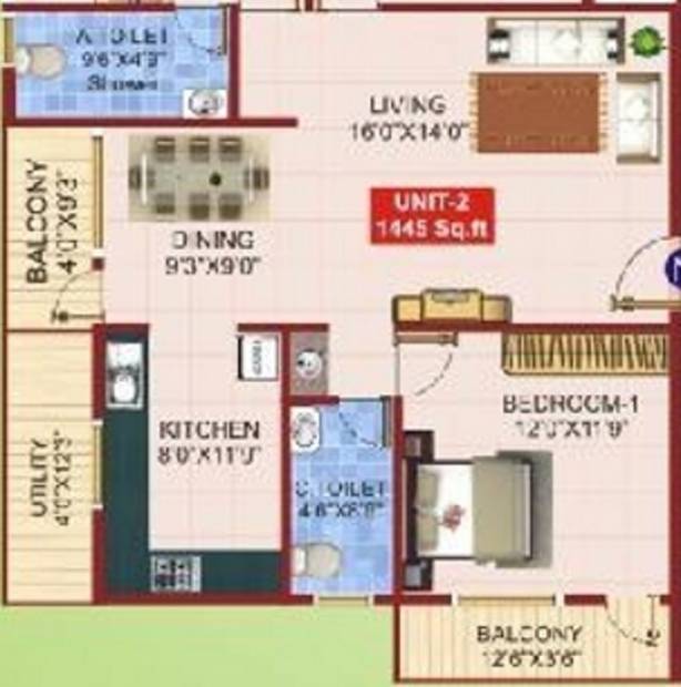 Prakruthi Shelters Prakruthi Elite Floor Plan (3BHK+2T (1,445 sq ft) 1445 sq ft)