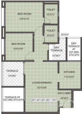 Kunal Belleza (2BHK+2T (1,010 sq ft) 1010 sq ft)