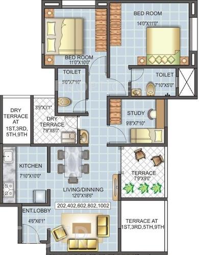 Kunal Belleza (2BHK+2T (1,183 sq ft)   Study Room 1183 sq ft)