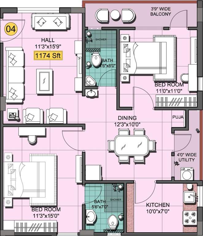 Shanta Chalet Meadows (2BHK+2T (1,174 sq ft)   Pooja Room 1174 sq ft)