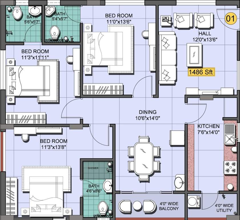 Shanta Chalet Meadows (3BHK+3T (1,486 sq ft) 1486 sq ft)