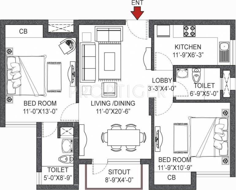 Vipul Pratham Apartments (2BHK+2T (1,125 sq ft) 1125 sq ft)