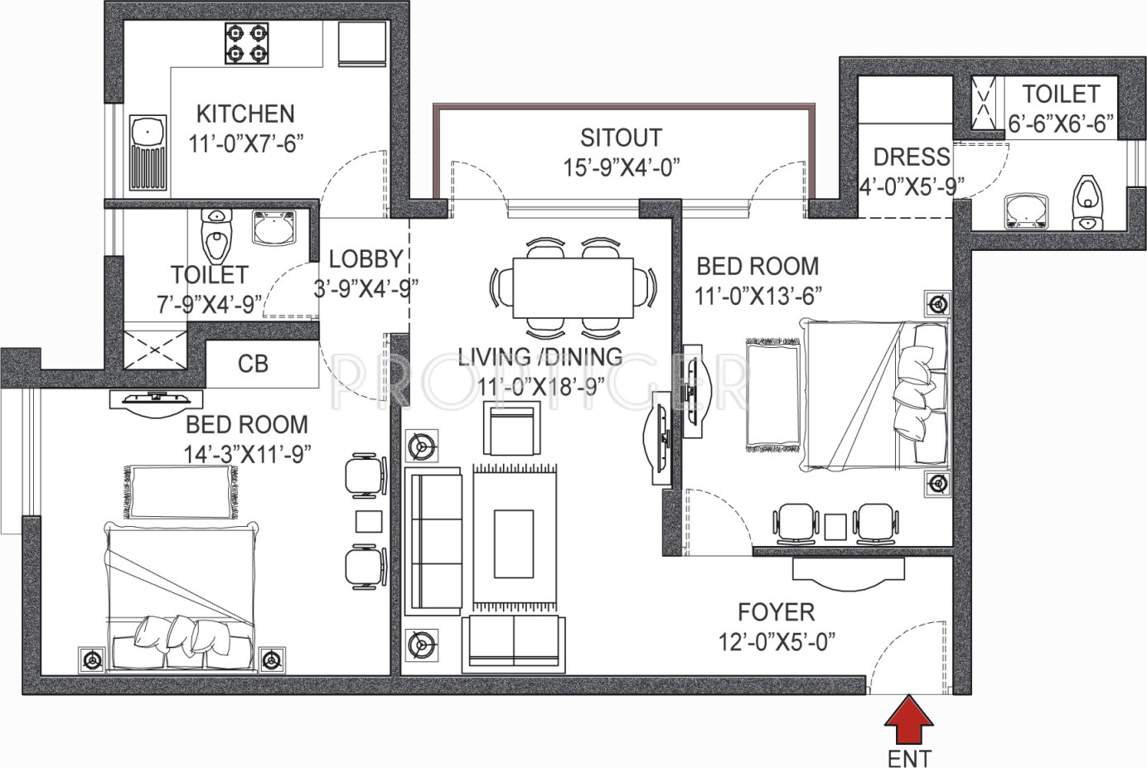 Vipul Pratham Apartments (2BHK+2T (1,344 sq ft) 1344 sq ft)