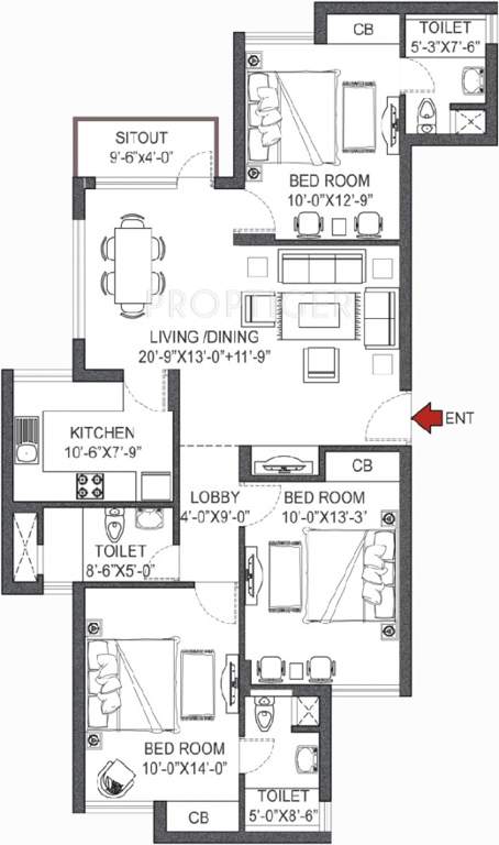Vipul Pratham Apartments (3BHK+3T (1,570 sq ft) 1570 sq ft)