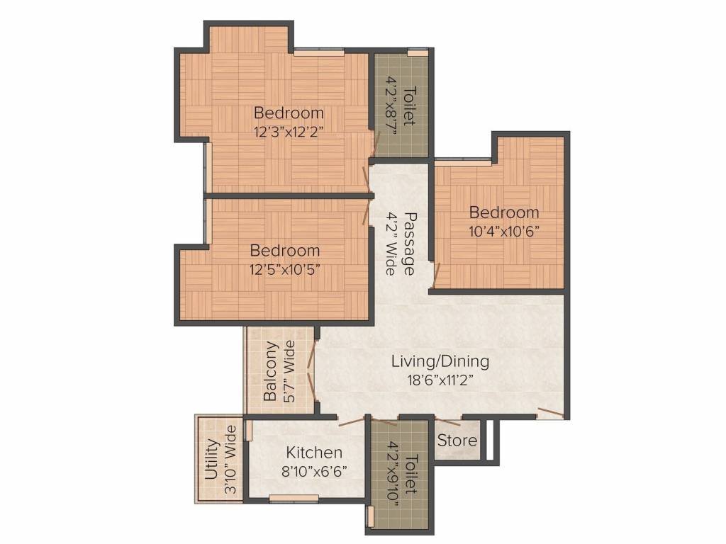 Merlin Uttara (3BHK+2T (1,231 sq ft) 1231 sq ft)