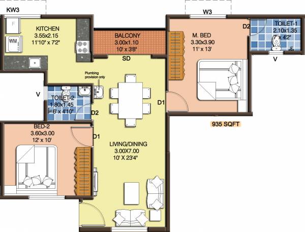 Confident Orion (2BHK+2T (935 sq ft) 935 sq ft)