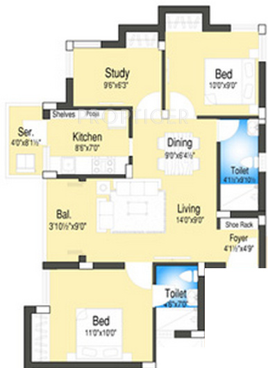 DABC Euphorbia Phase 2 (2BHK+2T (1,009 sq ft)   Study Room 1009 sq ft)