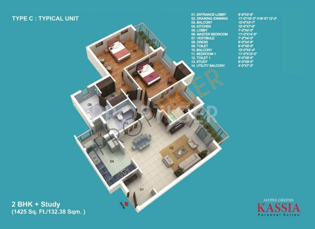 Jaypee Kassia (2BHK+2T (1,425 sq ft)   Study Room 1425 sq ft)