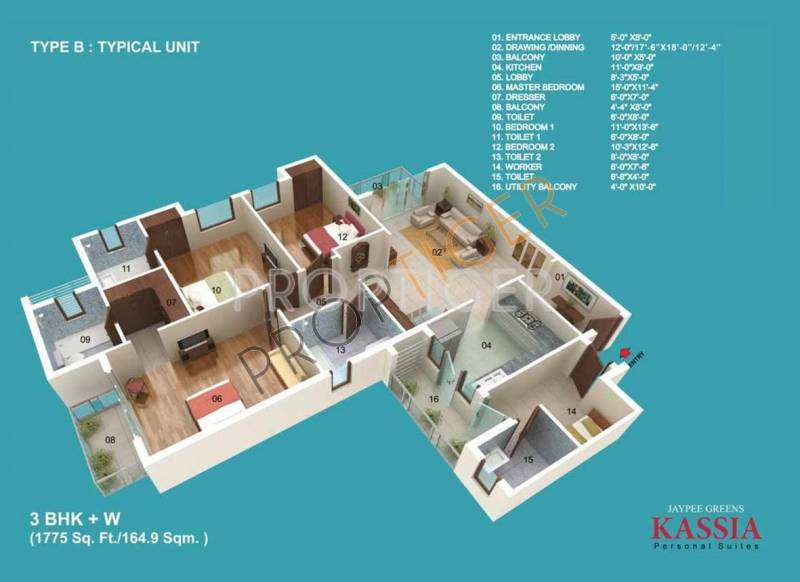 Jaypee Kassia (3BHK+4T (1,775 sq ft)   Servant Room 1775 sq ft)