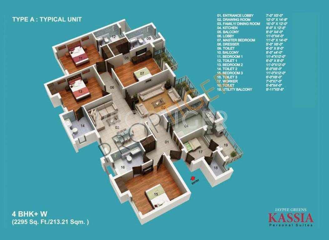 Jaypee Kassia (4BHK+5T (2,295 sq ft)   Servant Room 2295 sq ft)