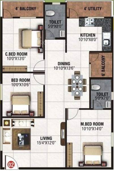 BM Mystic Greens (3BHK+2T (1,380 sq ft) 1380 sq ft)