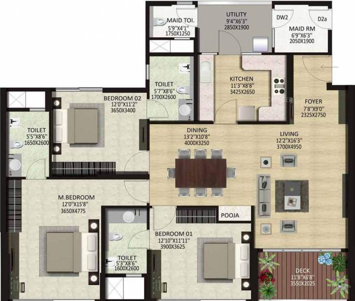 1835 sq ft 3 BHK Floor Plan Image - Shapoorji Pallonji Real Estate Park ...