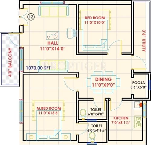 NSK Bliss Lands Floor Plan (2BHK+2T (1,070 sq ft) 1070 sq ft)