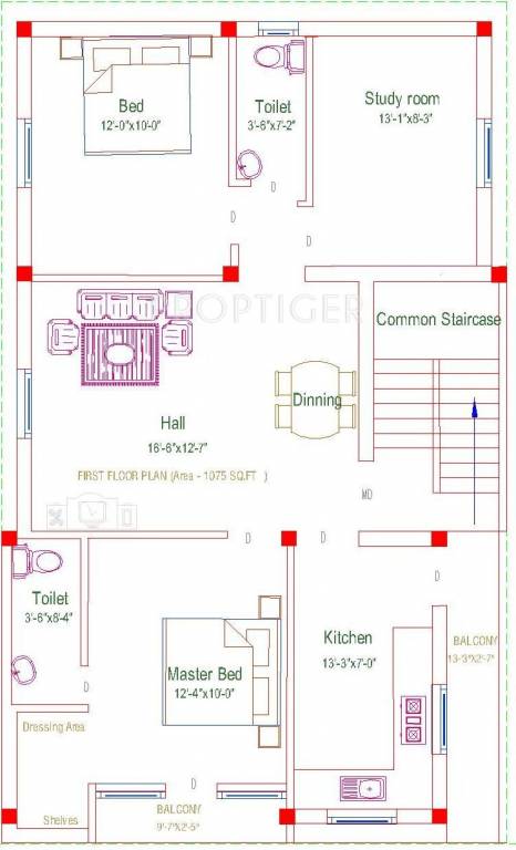 Real Tulip (2BHK+2T (1,075 sq ft)   Study Room 1075 sq ft)